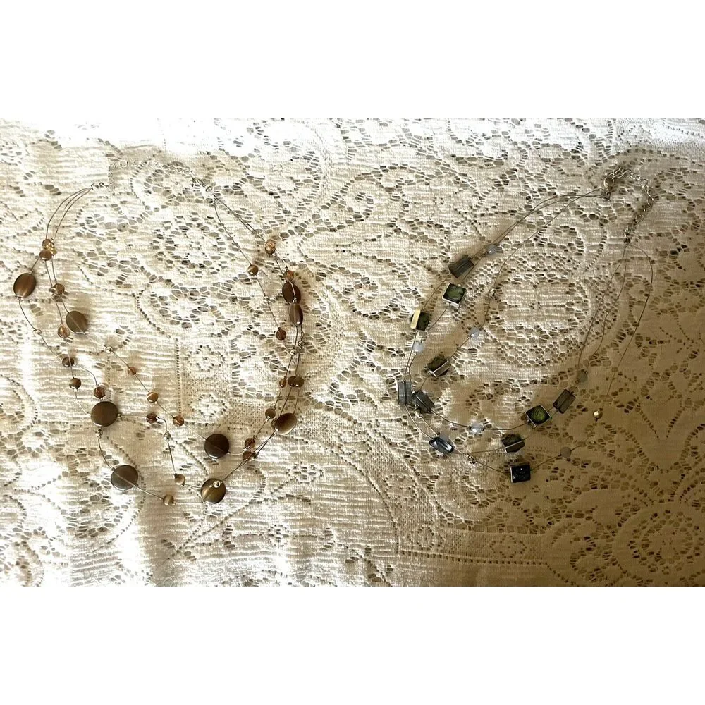 Set 2 Layered Beaded Gemstone Wire Choker‎ Necklaces Brown Blue Green Boho